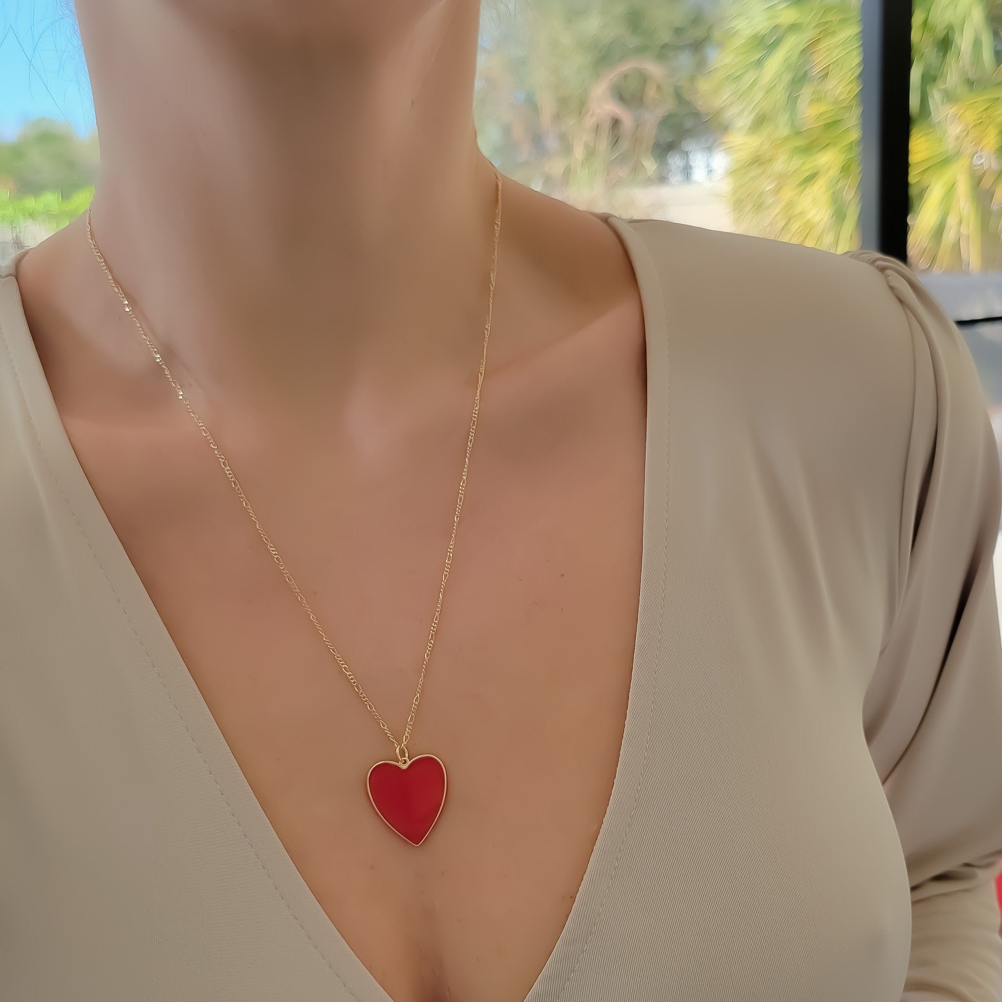 Double Layered Enamel Heart Pendant Necklace - Necklaces
